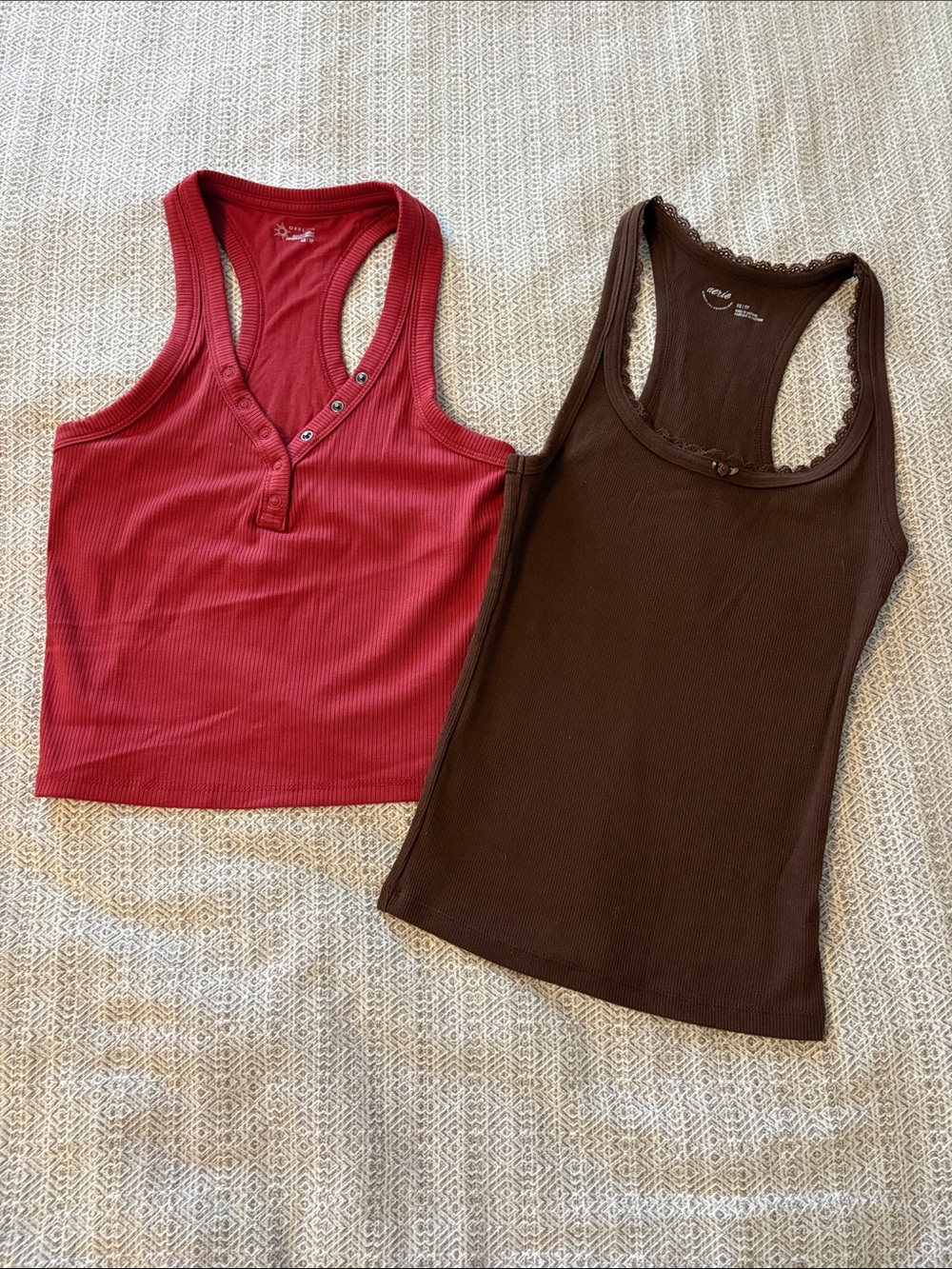 Tank Top Duo! Red Ribbed Henley and Brown Racerback Ribbed Tanks